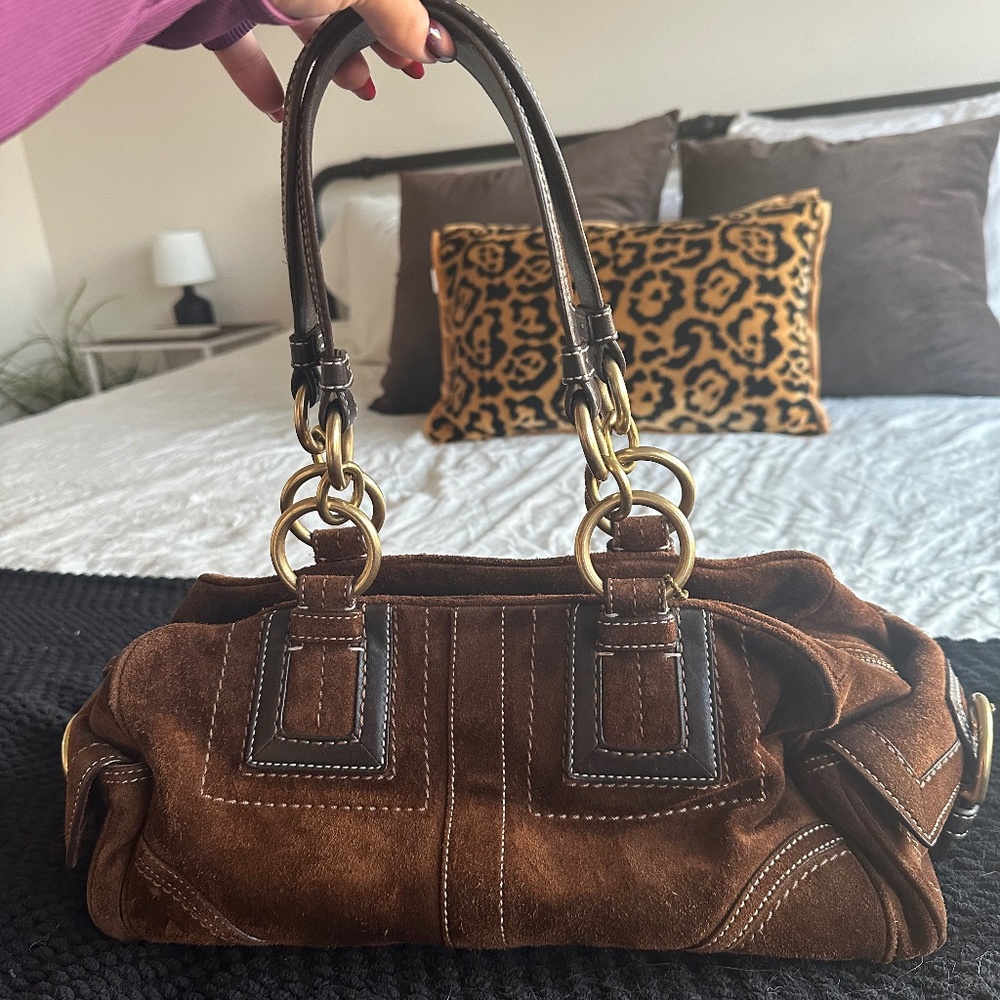 Coach Brown Suede Purse Shoulder Bag Large Zip up